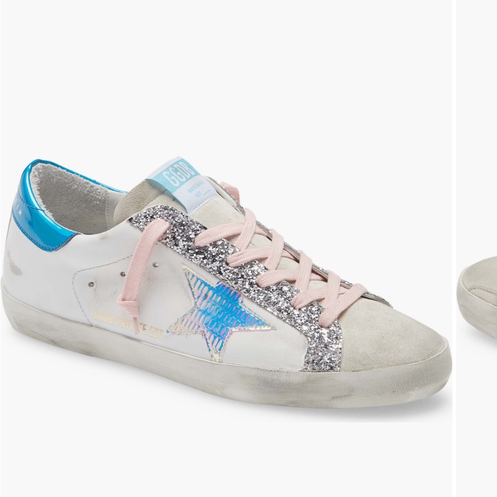 Golden Goose White and Blue Glitter Sneakers